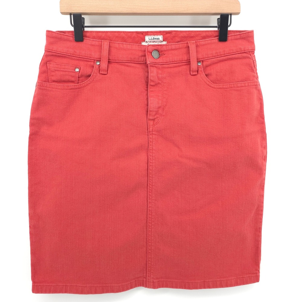 LL Bean Favorite Fit Women Denim Skirt 8 Red Coral Pencil Stretch 292221